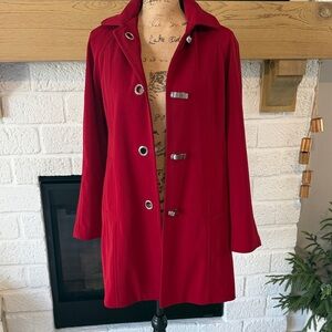 London Fog Women's Red Trench Coat with Metal Toggle Accents